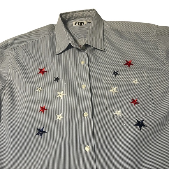 VTG PTNY Women’s size Large Button Down Long Sleeve Blue & White Striped Stars - Picture 5 of 11